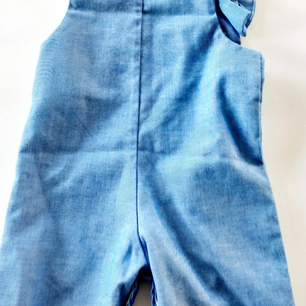 Vintage Girls Romper Overall Chambray Ruffle Maggie Mackall Blue Small 6 Months